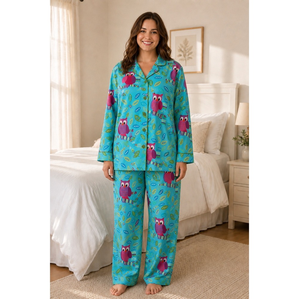 Nick & Nora Owl Pajama Set XL 100% Cotton Button Front Y2K Novelty Print